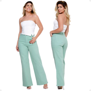 Calça Feminina Wide Leg Pantalona Cintura Alta Coloridas Top