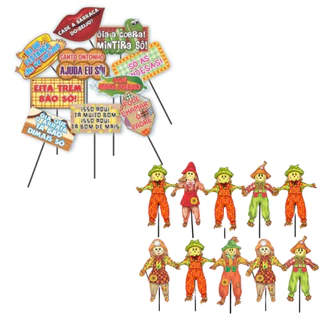 Kit Decoração Festa Junina 10 Placas Com Frases Juninas + 10 Palitos Espantalhos Decorativos Enfeite Topper