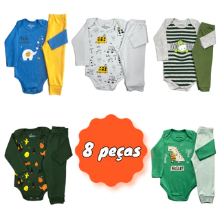 Kit Body Bebe 8 Peças 100% Algodao Premium - 4 Conjuntos Body Bebê MENINO