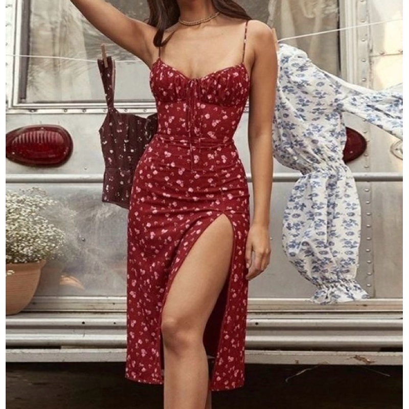 Vestido verão gringa boho alcinha e fenda