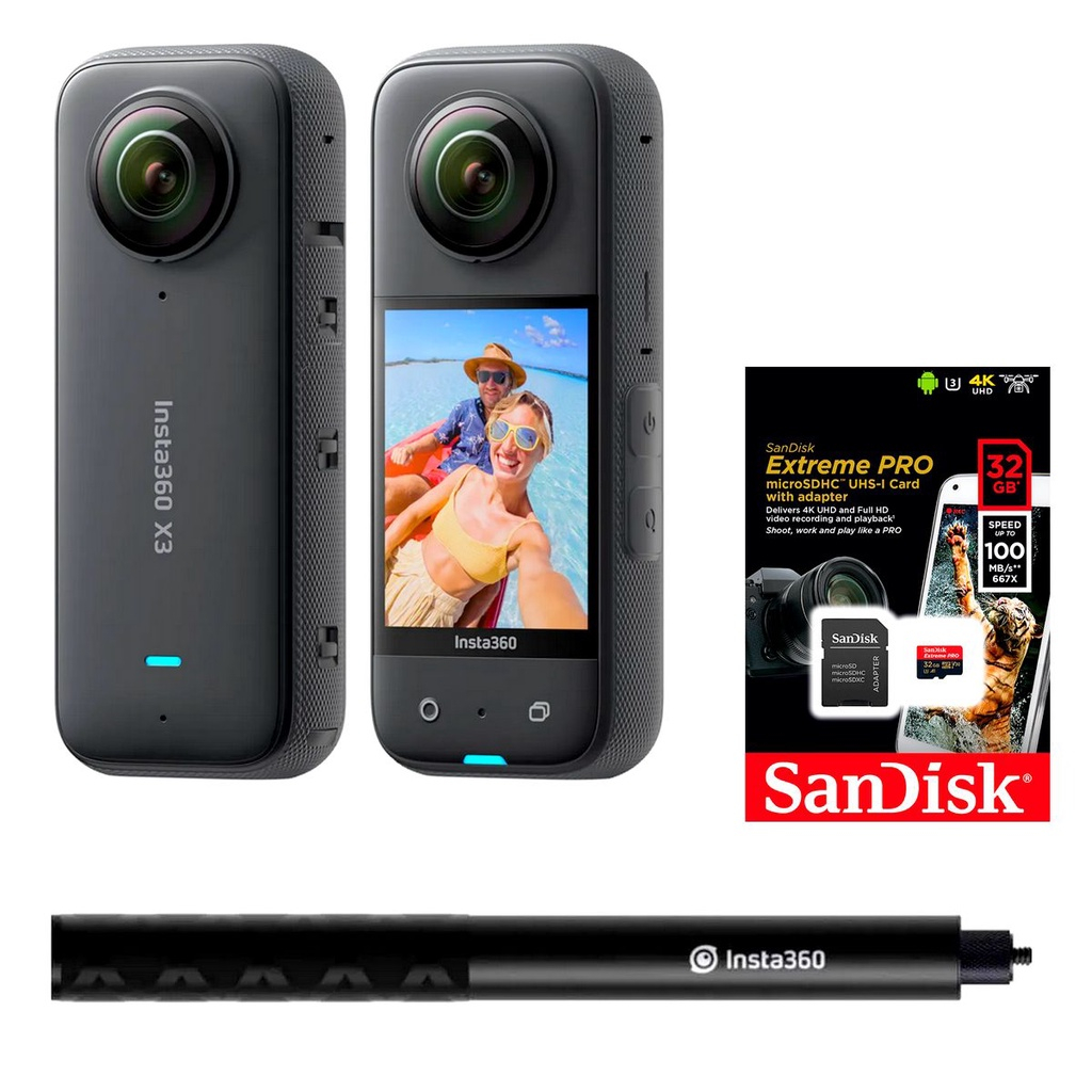 Câmera Insta360 X3 + Bastão + Cartão de Memória 32Gb Câmera Insta360 X3 + Bastão + Cartão de Memória 32Gb