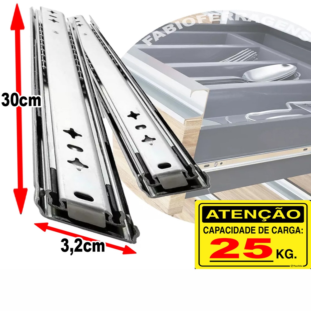 Par De Corrediça Telescópica Para Gaveta De 30cm Zincada - 25kg (Altura 3,2cm x largura 1,27cm)