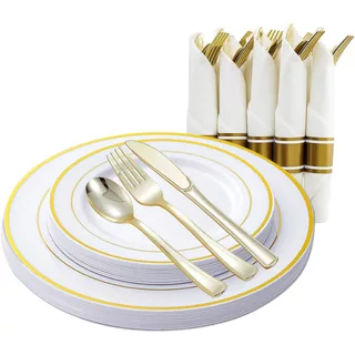 72 peças para 12 pessoas Pratos descartáveis de plástico dourado e talheres dourados + guardanapo pré-enrolado