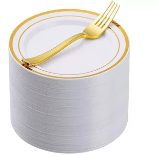 200Peças descartáveis pratos de sobremesa de ouro com garfos de plástico de ouro Set, Conjunto de Festas 100Convidados