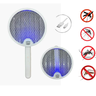 Raquete Elétrica Dobrável Mata Pernilongos Mosquito Recarregável Usb UV Luz AZUL - Led