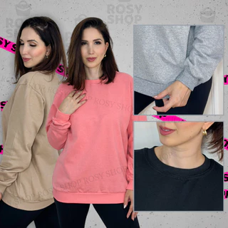 Moletom Sem Capuz Gola Redonda Liso Blusa Frio Casaco Feminino Sem Estampa Flanelado