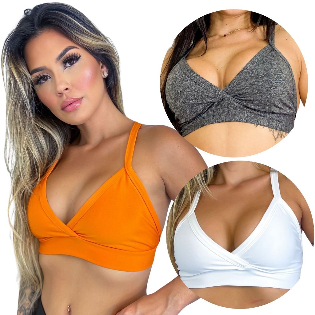 KIT com 3 Top Cropped de Academia Fitness Treino