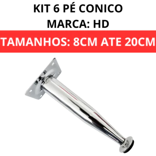 kit 6 Pé cônico 8cm a 20cm Cromado para Armários e Gabinetes de pia pezinho para cozinha