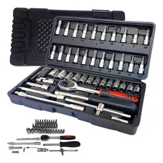 46 Peças Maleta Completa Linha Premium Kit Chaves Jogo Catraca Reversível Com Soquetes Preto