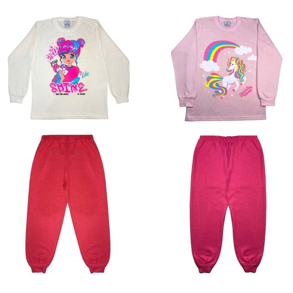 Kit 2 Conjunto Moletom Infantil Menina - Casaco e Calça c/ Punho Inverno Feminino