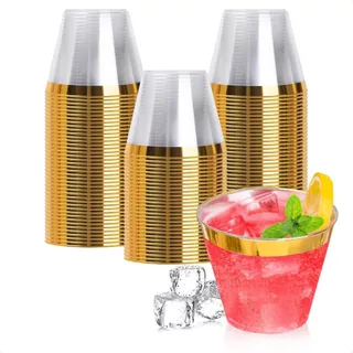 100Copos Acrílico 9oz/270ml Lavável Descartável Cristal,copo transparente com borda dourado,descartáveis e reutilizáveis