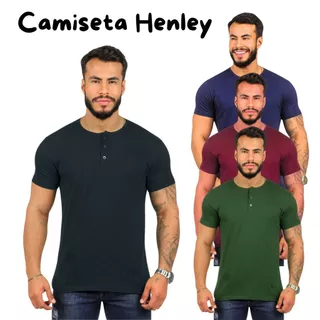 Camisetas Henley Masculina Gola Portuguesa 3 Botões 100% Algodão Varias Cores