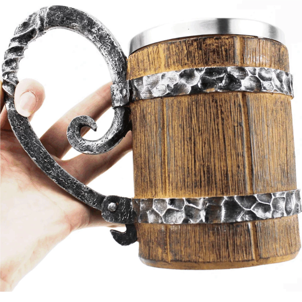 Caneca Barril Medieval Viking Em Resina | Inox 400ml - para Chopp, Vinho, Cerveja