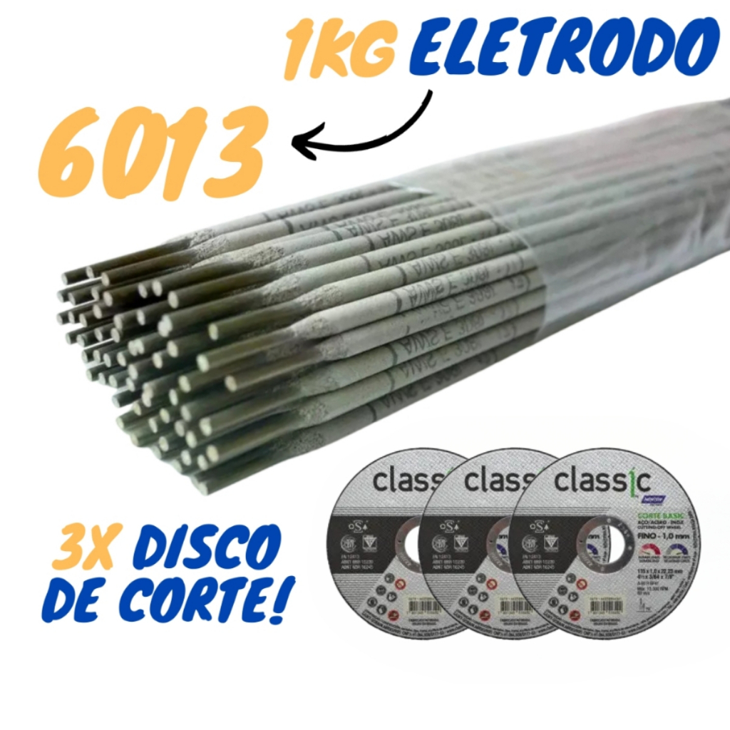1kg Eletrodo 6013 de 2,50mm + 3 Discos Corte 4.1/2" - Soldaforte