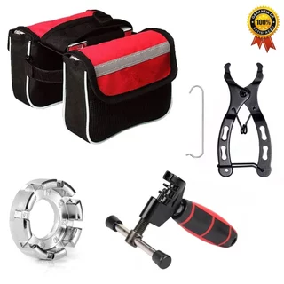 Kit Acessorios de Bicicleta Chave de Raio Com 8 Medidas + Mini Alicate Para Remoção Power Link + Extrator de corrente de bike tira pino coloca + Bolsa Dupla Suporte De Quadro À Prova D água Ciclismo
