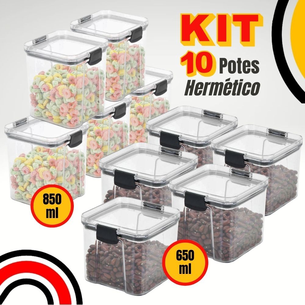 Kit Potes Hermético Com Travas Acrílico Transparente Porta Mantimentos Empilhável