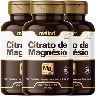 Kit 3 Citrato de Magnésio 500mg 180 Cápsulas - Suplemento