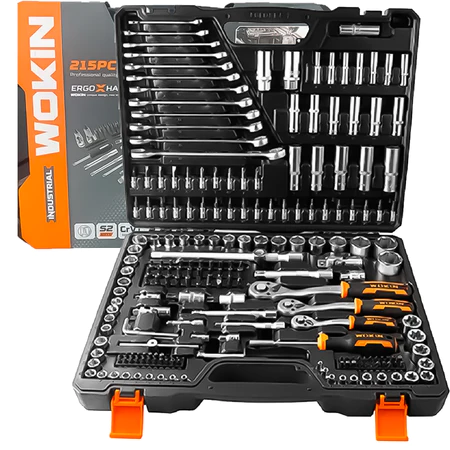 Kit Jogo Ferramentas 215 Peças Soquetes Mecânico Set Industrial Chaves Catraca Reversível Bits WOKIN
