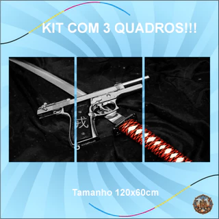 Quadro decorativo, sala, quarto, cozinha, decoração, 3peças, kit, escritório, samrai, arma, katana