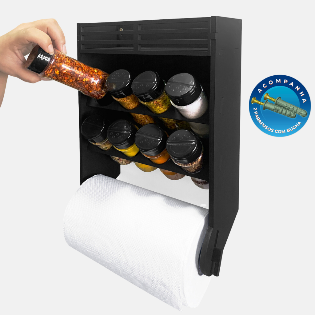 Porta Tempero de Madeira Parede com Suporte Papel Toalha 8 Potes Tampa Dosadora Dupla 130ml