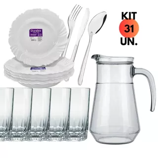Jogo Kit Jantar 31 Pç C/ 06 Prato Fundo Duralex Petala+ 01 Jarra Bar 1,5L+ 06 Copo Vegas 240ML+ 18 Talheres Inox Garfo Faca Colher