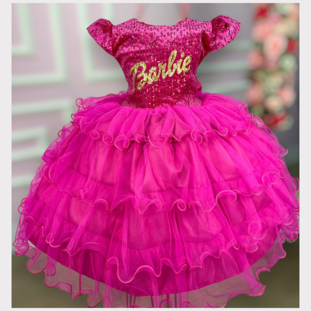 Vestido Infantil Temático Barbie Pink Aniversário Festa Personagem ...