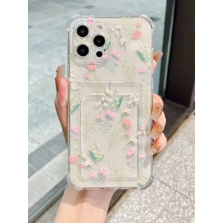 Capa Case Capinha Silicone Transparente Flores Com Suporte Cartão iPhone Detalhes Com Proteção Iphone 11 12 13 14 Presente Dia Dos Namorados