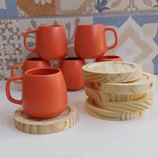 Jogo 6 Caneca Xicara 150ml Bojuda Cafezinho Médio Com Pires Madeira