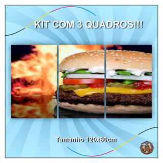 Quadro decorativo, sala, quarto, cozinha, Lanchonete, decoração, 3peças, kit, Hambúrguer, Lanche,