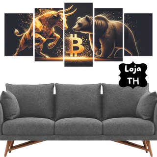 Quadros Decorativos 5 Peças Mosaico Touro e Urso Bitcoin | Quadro de Decoração Para Quarto, Sala, Escritório