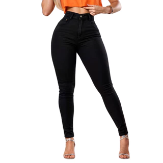 Calça Jeans Feminina Preta Cintura Alta Skinny Lycra Confortável Basica Cós Alto