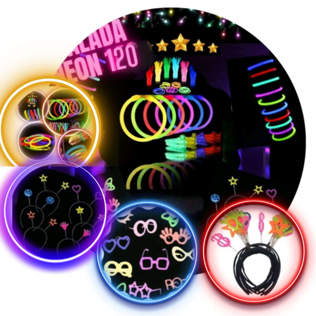 Kit Balada Festa Neon 120 pcs Aderecos Casamento Formatura Pulseira Oculos Tiara