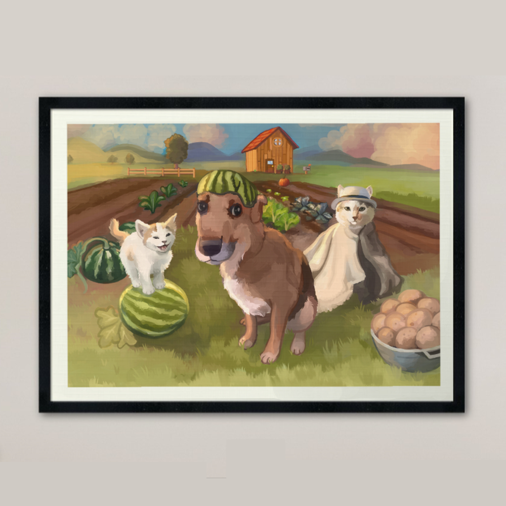 Quadro Cachorro e gatos Stardew valley fanart