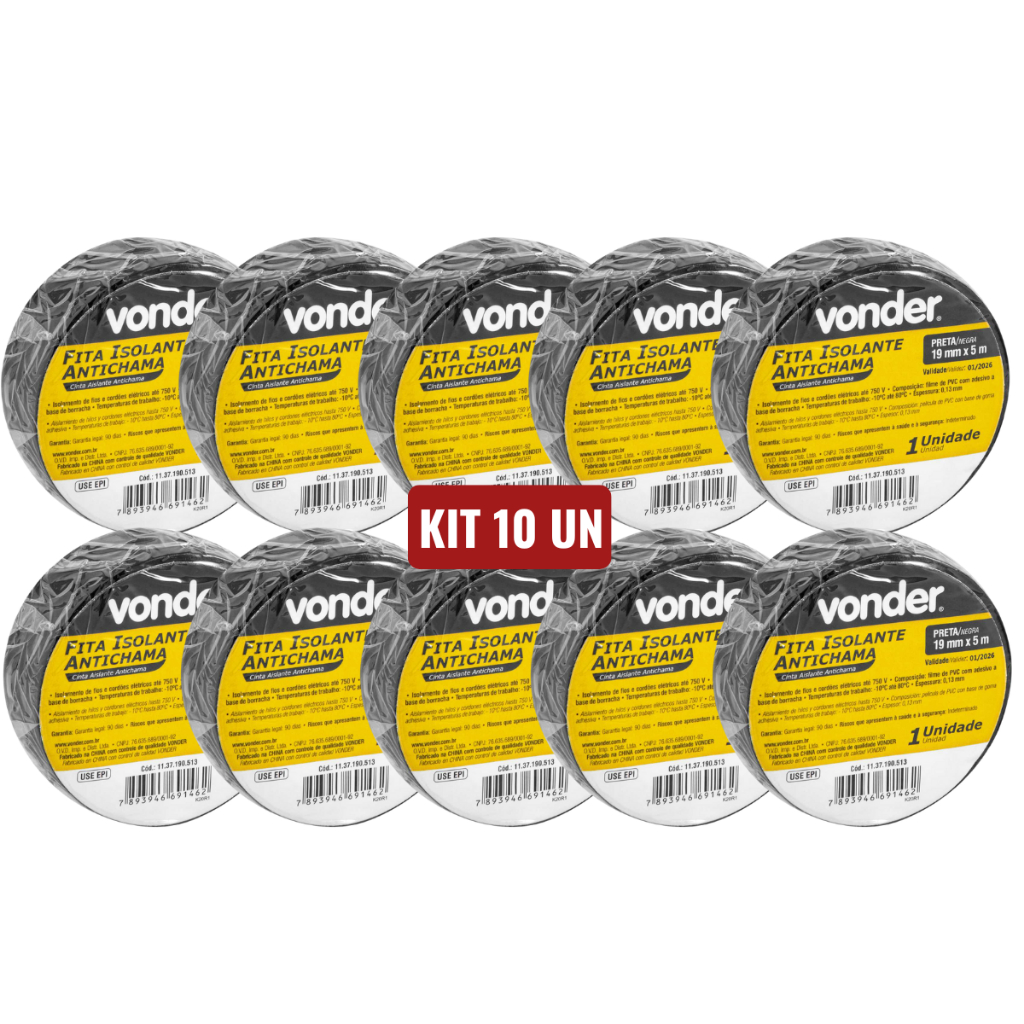 Kit Fita Isolante Antichamas 19mm x 5 metros Isolar Vonder PVC Adesivo a base de Borracha -10°C até 80°C