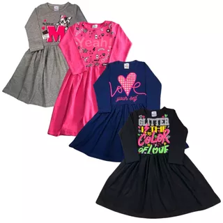 Kit Sortido 3 Vestidos Infantil de Inverno Agasalho Estampa Gola Ribana Fio Penteado