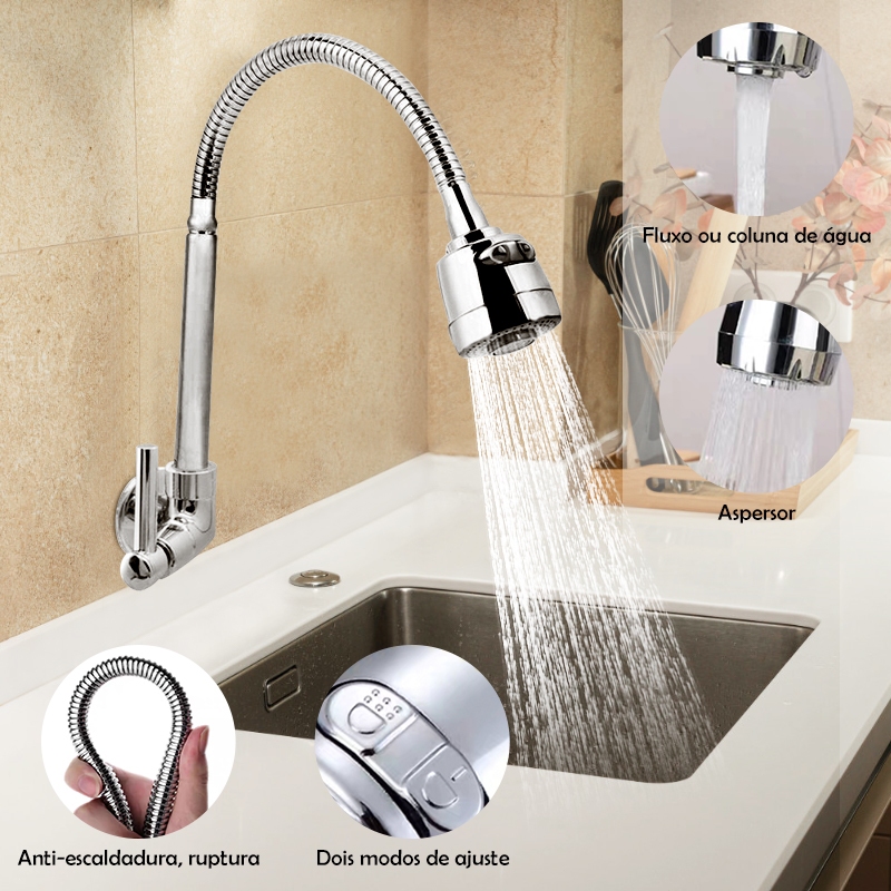 Torneira Gourmet Flexível Cozinha Pretomesa Parede Cobre banhado a prata Duplo Jato Cone 1/4 de Volta