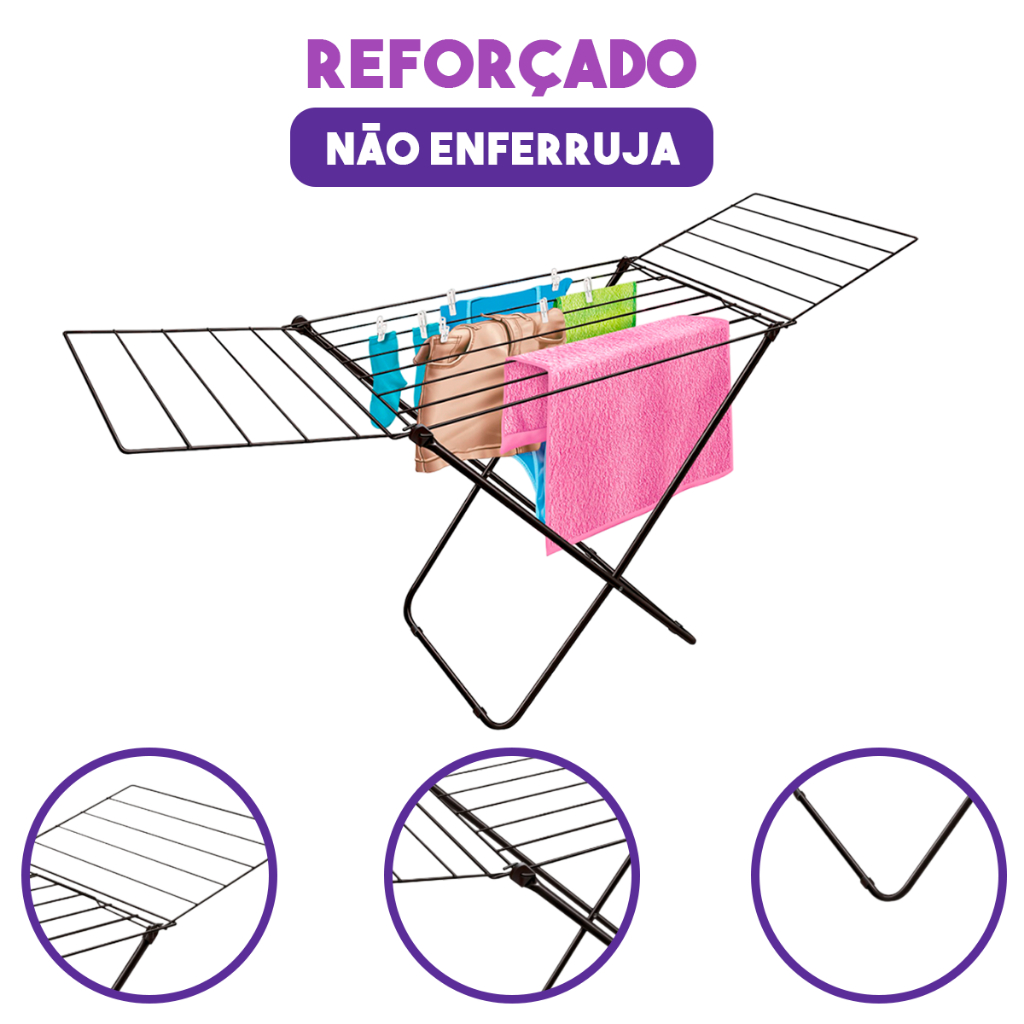 Varal de Chão Para Roupas Com Abas Reforçado Retrátil Casa Apartamento Dobrável Seca Lavanderia 11kg