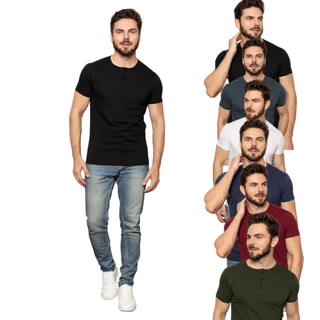 Camiseta Henley Masculina Básica Algodão Manga Curta 3 botões Camisa