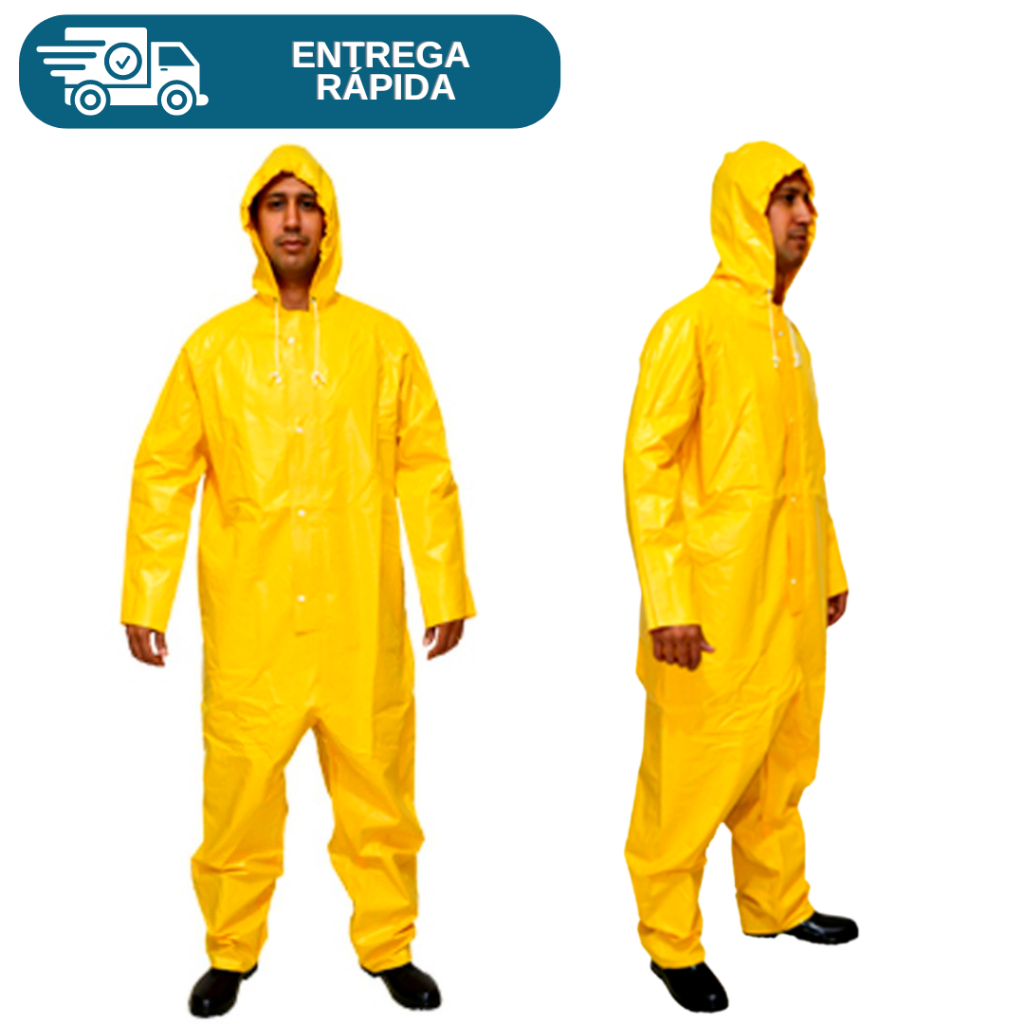 Macacão De PVC Trevira Impermeável Com Capuz Brascamp Proteção Epi Contra Chuva Respingos Lavagens