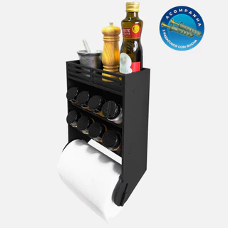 Porta Papel Toalha Condimento Parede MDF Resistente com 8 Potes Plástico 130ml Tampa Dosadora Dupla