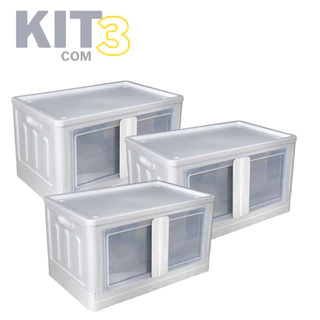 Kit 3 Caixas Organizadora Dobrável Porta Dupla Branca 75 Litros