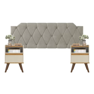 Conjunto Mesa De Cab Gaveta + Cabeceira Estofada Box Para Cama Queen