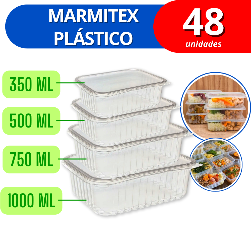 48 unds Pote marmita descartável fitness freezer / microondas - 350ml / 500ml / 750ml / 1000ml