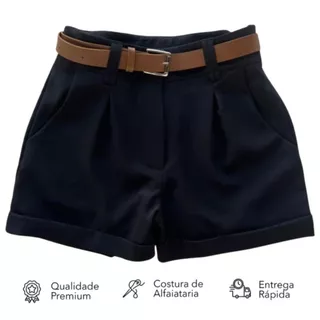 Short Alfaiataria Feminino Com Bolso Com Cinto Cintura Alta Social Promoção
