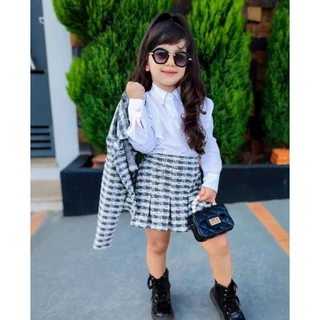 CONJUNTO TWEED INFANTIL MENINA JAQUETA E SHORTS SAIA MODA INVERNO LUXO -2 PÇS