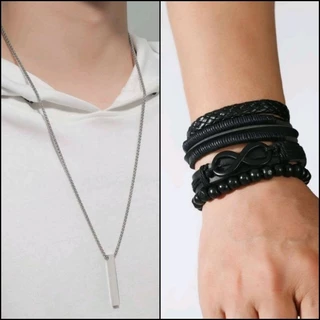 Colar masculino em aço inoxidável pingente geométrico. Pulseiras Masculina em couro PU simbolo infinito em metal.