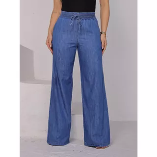 Calça Jeans Pantalona Feminina Cintura Alta Com Elastico na Cintura