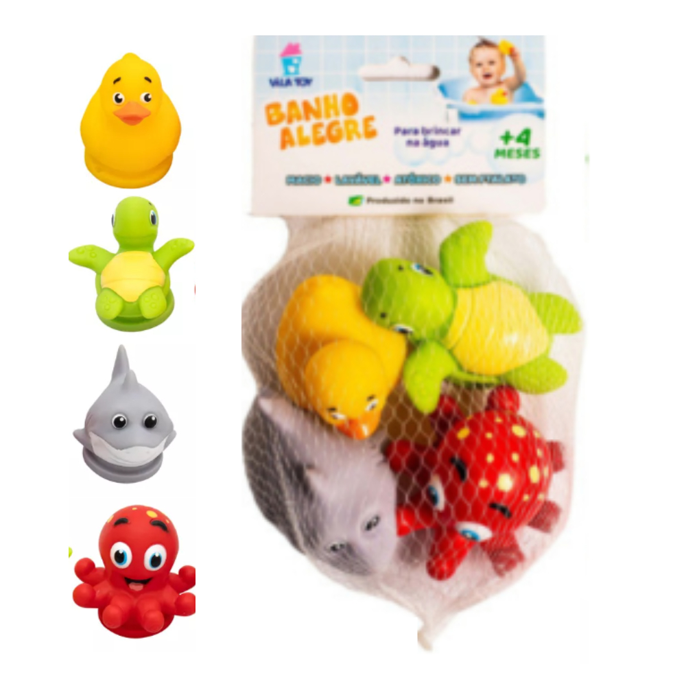 Kit 4 Brinquedos Para Banho Divertidos Vila Toy Pato Polvo Tubarao Tartaruga e Dinos