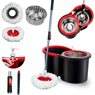 Mop Giratorio Com cabo de 140 cm Cesto Em Inox - Balde Centrífuga - C/2 Refil + Dispenser - Mazzal