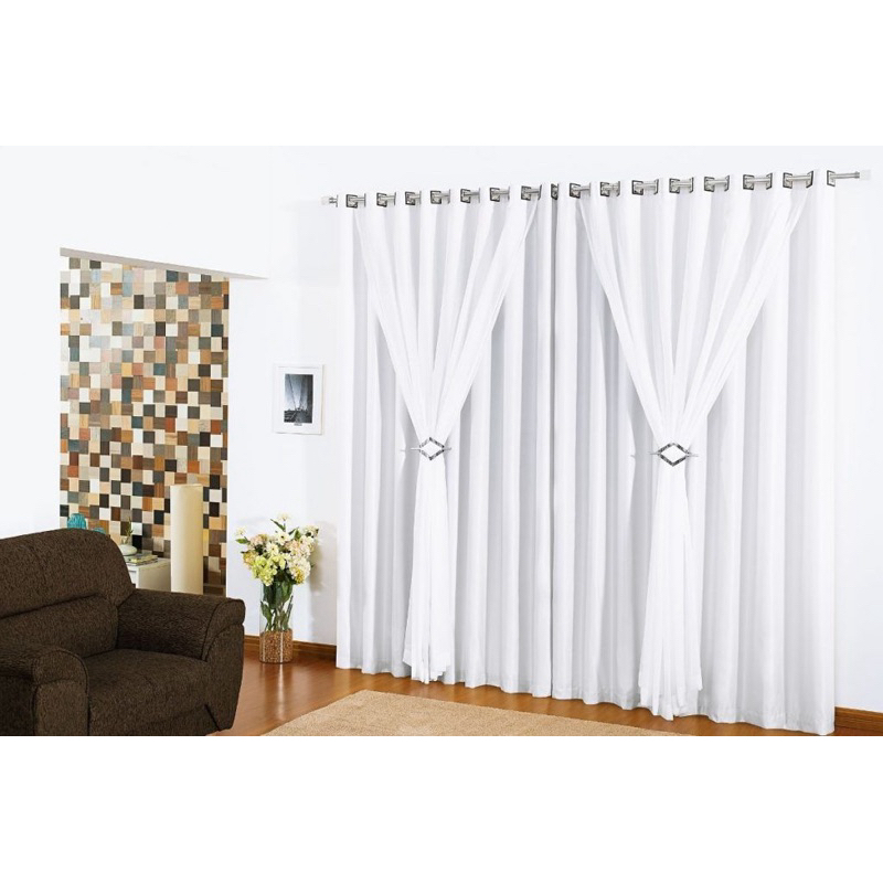 Cortina Luxo Voil com Forro em Microfibra Varios Tamanhos Cores Branca ou Palha